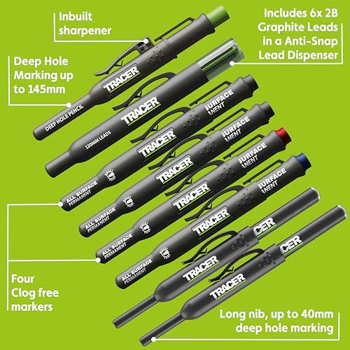 Tracer 8 Piece Construction Marker Kit - Deep Hole Carpenter Pencil Set, 2 Deep Hole Marking Pen, and Four Heavy Duty Clog-Free Markers, 2.8mm Replacement Leads & Storage Case for Woodworking Tools - style: 8pc Set