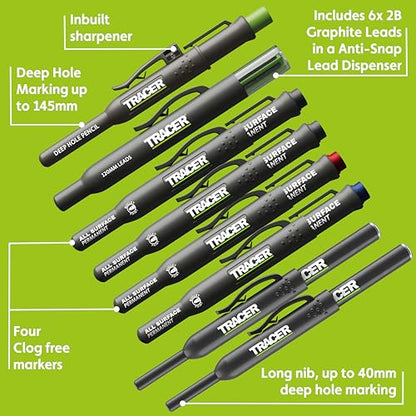Tracer 8 Piece Construction Marker Kit - Deep Hole Carpenter Pencil Set, 2 Deep Hole Marking Pen, and Four Heavy Duty Clog-Free Markers, 2.8mm Replacement Leads & Storage Case for Woodworking Tools - style: 8pc Set