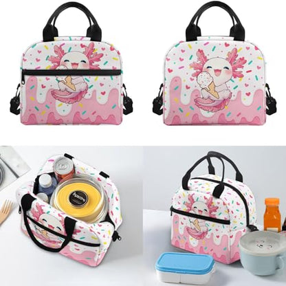 Ice Cream Backpack for Boys Axolotl Backpack for Girls with Lunch Box Kids Daypack with Zipper Pencil Pouch Water Bottle Holder 4PCS Set Bookbag with Front Pocket 17 inch School Accessories - color: Axolotl Ice Cream