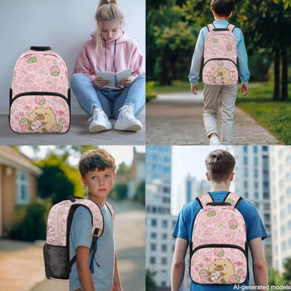 17 Inch Kid's 4PCS Backpack Set, Back to School Essentials | Insulated lunch box, water bottle pouch, pencil case, lightweight, padded shoulder straps, for elementary, middle school - color: Strawberry Capybara