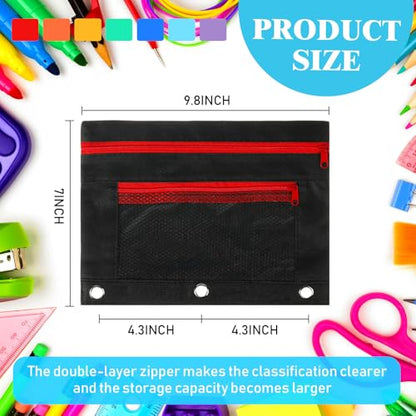 Zhehao 200 Pcs Pencil Pouches for 3 Ring Binder, Bulk Zipper Pencil Pouch Pen Case with Mesh Window Cloth Double Pocket 3 Hole Bag for Storing School Office Supplies (Black) - color: Black