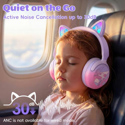 Candy Bila Kids Bluetooth Headphones with LED Cat Ears, Active Noise Cancelling Headphones, 85dB Safe Volume, 40H Play Time, Bluetooth 6.0, Built-in Mic for iPad/Tablet/Airplane, Purple - color: Purple