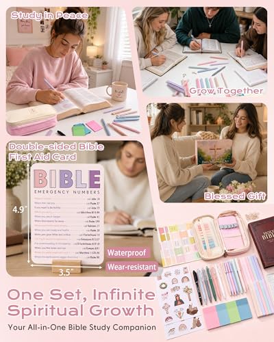 XKDOUS 60 Pcs Bible Study Supplies, Bible Study Kit for Women, Bible Journaling Supplies with Spiral Notebook Journal, Bible Tabs, Pen Case and More, Bible Highlighters and Pens No Bleed for Books - color: Pink