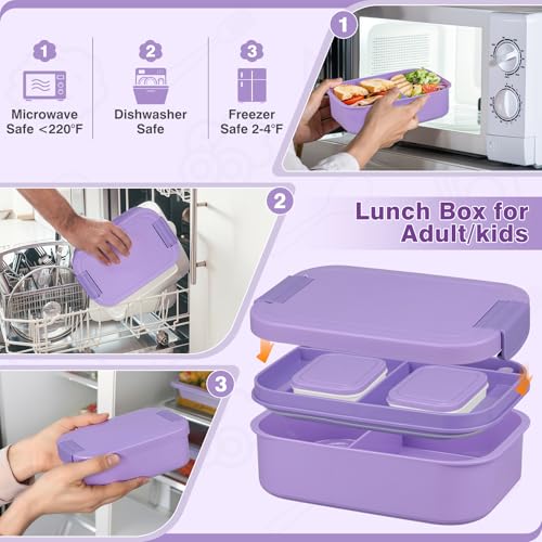 Bento Lunch Box Set with 10.5oz Soup Thermo Food Jar for Adults Kids, Stainless Steel Leak-proof Lunch Container with 4 Compartment, Coffee Tumbler with Lunch Bag for School Travel Office-Purple - color: Purple