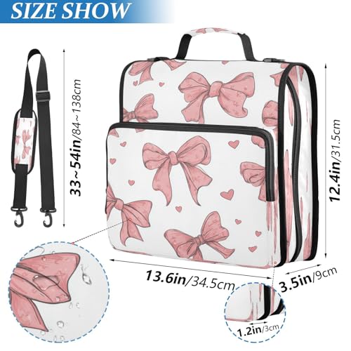 Caikeny 3 Ring Zipper Binder Pink Bows and Hearts White Love 1.5 inch Binders Bag Expanding File Pockets with Shoulder Strap and Handle - color: Multicolored 1z83.12