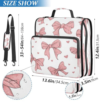 Caikeny 3 Ring Zipper Binder Pink Bows and Hearts White Love 1.5 inch Binders Bag Expanding File Pockets with Shoulder Strap and Handle - color: Multicolored 1z83.12