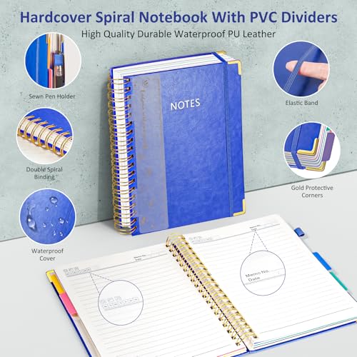 Hardcover Spiral Notebook Journal with Removable PVC Dividers - 8'' x 10'' Large 100 GSM Paper B5 Notebooks with Tabs, 300 Pages Leather 5 Subject Notebook College Ruled for Work School Notes, Blue - color: Blue