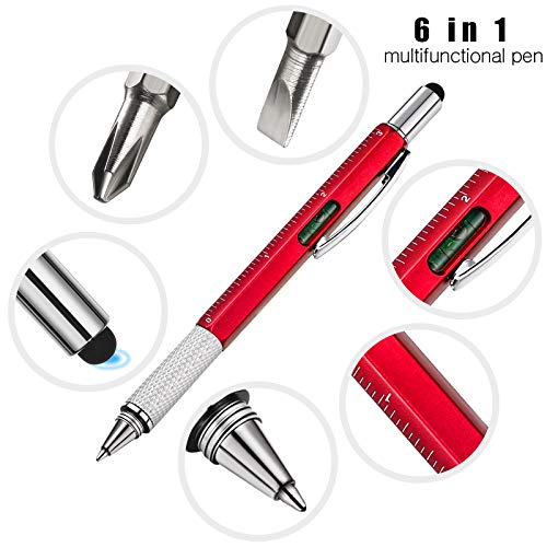 Zhanmai 8 Pcs 6 in 1 Multitool Pen Bulk Gift for Men Multi Tool Ballpoint Pen with Ruler Level Screwdriver Stylus Cool 20 Ink Refill Tool Gadget Birthday Christmas Stocking Stuffers for Adult (Red) - color: Red