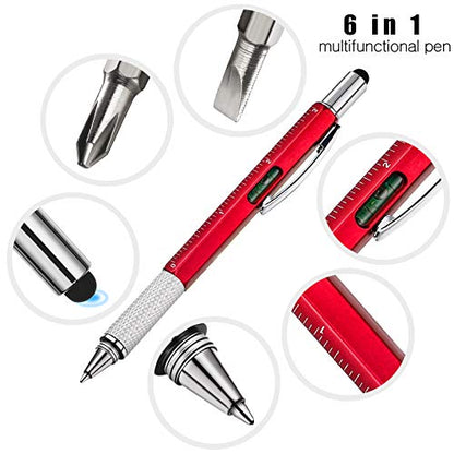 Zhanmai 8 Pcs 6 in 1 Multitool Pen Bulk Gift for Men Multi Tool Ballpoint Pen with Ruler Level Screwdriver Stylus Cool 20 Ink Refill Tool Gadget Birthday Christmas Stocking Stuffers for Adult (Red) - color: Red
