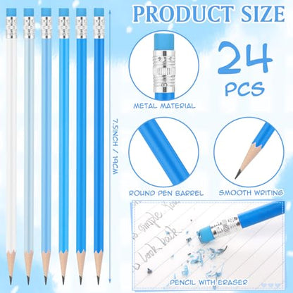 24 Pcs Round Pencils with Eraser 2 HB Cute Pencils Bulk for School Graphite Wood Color Unsharpened Pencil for Drawing Sketching Wedding School Teacher Supplies Student Reward(Blue) - color: Blue