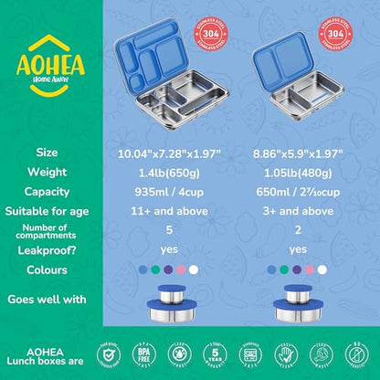 AOHEA Stainless Steel Bento Box Kids, Kids Metal Bento Lunch Box BPA Free Lunch Box Containers 304 Stainless Steel Bento Box for School and Office(Bule) - color: Blue-05