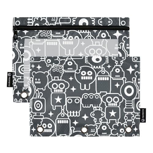 Robots Retro Monsters Black Pencil Pouch for 3 Ring Binder, Three Hole Pencil Case for Binder Bulk Pencil Bag with Clear Window and Zipper for Office School College, 2 Pack, 9.84*7.08in - color: Multicolor 22