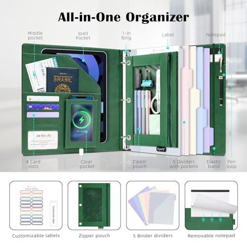 Ospelelf Green Leather 3 Ring Binder 1 Inch Round Ring, Magnetic Clipboard Folio with Storage Zipper Pouch, 5 Dividers with 10 Pockets, Professional Binder for School Office Nursing - color: Green