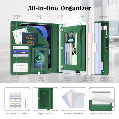 Ospelelf Green Leather 3 Ring Binder 1 Inch Round Ring, Magnetic Clipboard Folio with Storage Zipper Pouch, 5 Dividers with 10 Pockets, Professional Binder for School Office Nursing - color: Green