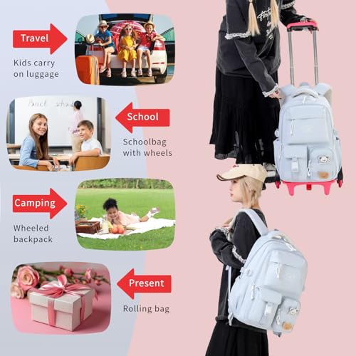 Girls Rolling Backpack with Wheels, Girls Wheeled Backpack for School, Kids Roller School Bag Bookbag on 2 Wheels, Light blue - color: 2 Wheels Light Blue