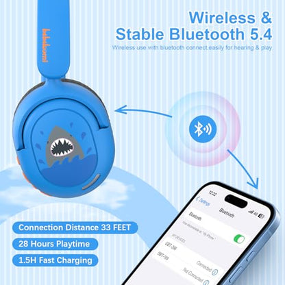 Kids Bluetooth Headphones, Wireless Headphones for Kids, 75/85/94dB Volume Limited, Built-in Mic, Fast Charging, Over-Ear Shark Childrens Boys Teens Headset for School/Tablet/Pad/Travel - style: Shark