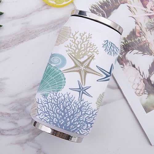 T&H XHome Rustic Nautical Coastal 14oz Stainless Steel Tumbler with Lid & Straw-Double Wall Vacuum Insulated Travel Mug Ocean Sea Star Coral Shell Water Bottle Coffee Beverage Drinks Cup - size: 14 Ounces