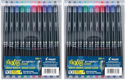 PILOT FriXion Synergy Clicker Erasable,Refillable & Retractable Gel Ink Pens,Extra Fine Point,Assorted Ink Colors,(17481),10 Count (Pack of 2) - color: Vibrant 10 (Pack of 2)