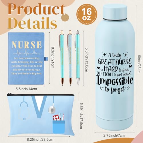 6 Pcs Nurse Gifts Set for Women Men, Rn Appreciation Gift for Nurses Week Christmas Graduation Thanksgiving, 16oz Vacuum Insulated Water Bottle, Makeup Bag, Notebook, Ballpoint Pens(Blue) - color: Blue