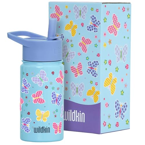 Wildkin Kids Stainless Steel Water Bottle, 14oz, Butterfly Garden Blue | 14oz insulated steel water bottle for school, daycare, sports, and travel - color: Butterfly Garden Blue, size: 14 Oz