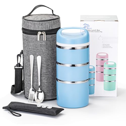Lille Home Stackable Stainless Steel Thermal Compartment Lunch/Snack Box, 3-Tier Insulated Bento/Food Container with Lunch Bag, Utensils Set and Three Extra Seals, 43OZ (Blue with Utensils) - color: Blue with Utensils