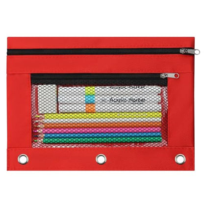 3 Ring Pencil Pouch for Binder, 2-Pocket Zipper Pencil Case with Clear Window & Mesh Pocket, 600D Oxford Fabric Binder Pouch for School Office Supplies, Fits Standard 3-Ring Binders, Red - color: Red