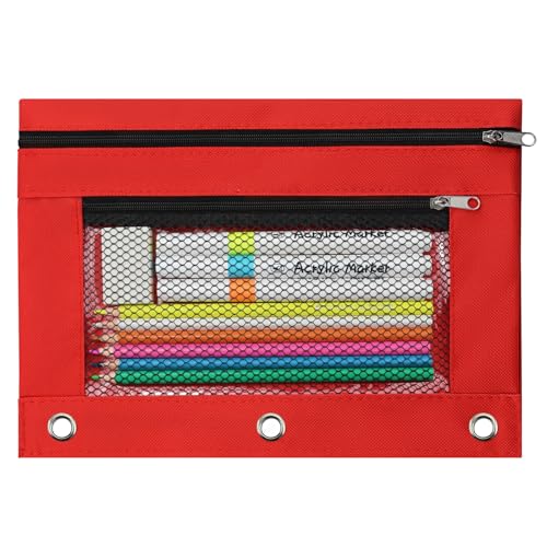 3 Ring Pencil Pouch for Binder, 2-Pocket Zipper Pencil Case with Clear Window & Mesh Pocket, 600D Oxford Fabric Binder Pouch for School Office Supplies, Fits Standard 3-Ring Binders, Red - color: Red