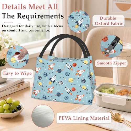 Cartoon Rockets Insulated Lunch Bag,Cute Blue Planets Lunch Box for Women,Girls Boys Thermal Insulation Cooler Tote Bag Lightweight for Student School Work Picnic - color: Cartoon Rockets