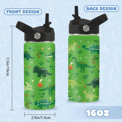 Hiboss Dinosaur Gifts for Boys, 16oz Kids Water Bottle with Straw Lid, Stainless Steel Insulated Dino Cup Tumbler, Dinosaur Lovers Birthday Gifts for School Sport Travel - color: Dinosaur