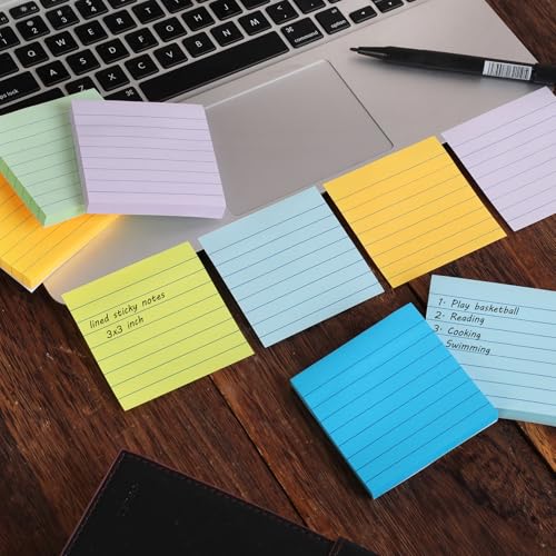 HQCME 9 Pack Lined Sticky Notes 3x3 in Post Sticky Notes with Lines, 9 Multi Colors Ruled Colorful Super Sticking Power Memon Pads, 82 Sheets/Pad - size: 3x3 in