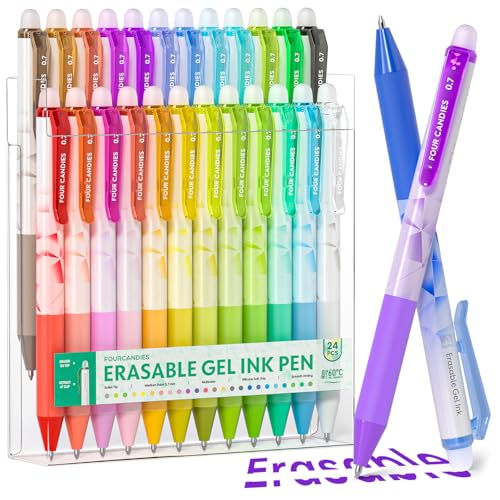 Four Candies Erasable Gel Pens, 0.7 mm Fine Point Pens, 24 Assorted Colors | Make Mistakes Disappear, Erasable Pens Multicolor, Retractable Erasable Pens for School, Journaling & Office Writing - color: 24 Colors