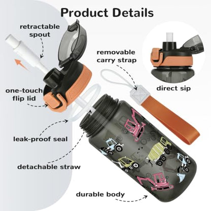 20oz Removable Straw Kids Water Bottle, Shark & Excavator | Plastic Sports Water Bottle with Pop-Up Lid & Lock · BPA-Free · Handle Strap · Dishwasher Safe · Boys & Girls
