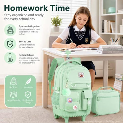 WZLVO Rolling Backpack for Women, 21 inch Roller Wheels Backpacks with Lunch Bag, Water Resistant Wheeled Bookbag for Teens Girls Travel Elementary - Green - color: Green