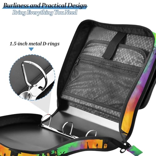 3 Ring Zipper Binder Spooky Haunted House Binder Organizer Portfolio with File and Shoulder Strap & Handle Large Capacity File Folder - color: Haunted House