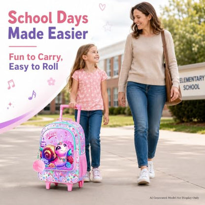 3Pcs Rolling Backpack for Girls, Snail Roller Bookbag with Lunch Box, Kids School Backpacks with Wheels for Elementary Preschool(Pink) - color: Snail Pink