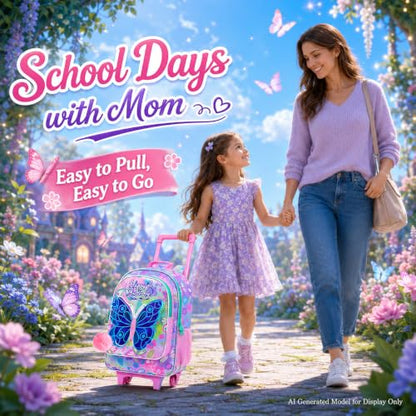 WZLVO 3PCS Roller Backpack for Girls, 18" Sparkling Butterfly Print Kids Rolling Backpack, Includes Matching Lunch Bag & Pencil Bag - Butterfly with Wings (Pink) - color: 3pcs Girls Rolling Backpack - Butterfly With Wings