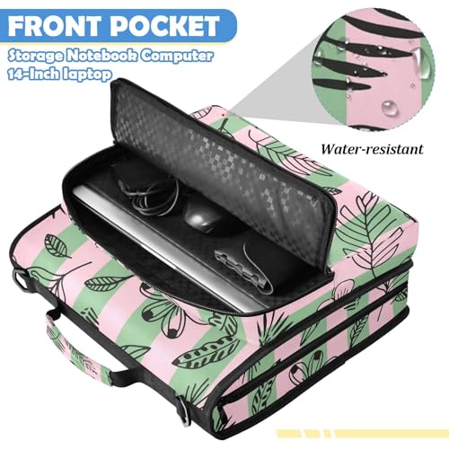 Hand-Drawn Leaves Zipper Binder with 2 Inch D-Rings Expandable File Portfolio with Shoulder Strap, Waterproof Nylon Organizer for 14" Laptop for Work College Travel