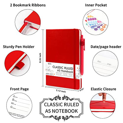 feela 12 Pack Notebooks Journals Bulk with 12 Black Pens, A5 Hardcover Notebook Classic Ruled Journal Set with Pen Holder for School Business Work Travel Writing, 120 GSM, 5.1”x8.3”, Red - color: 12 Pack red