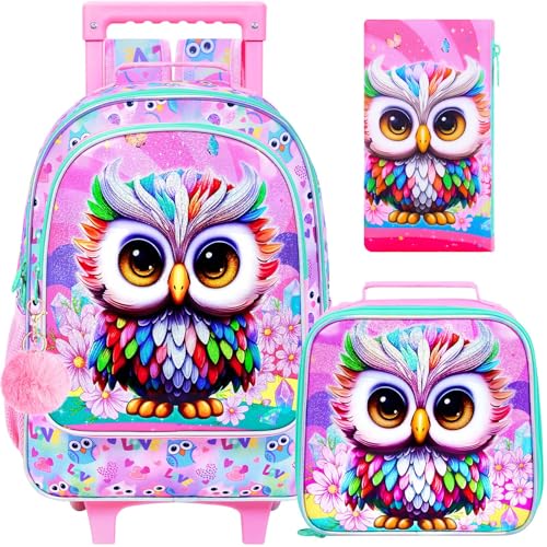 HPJGD 3PCS Owl Rolling Backpack for Girls, Kids School Backpacks with Wheels, Water Resistant UV Printed Roller Wheeled Bookbag Set - color: Glittering UV Priting Owl Pink Rolling Backpack