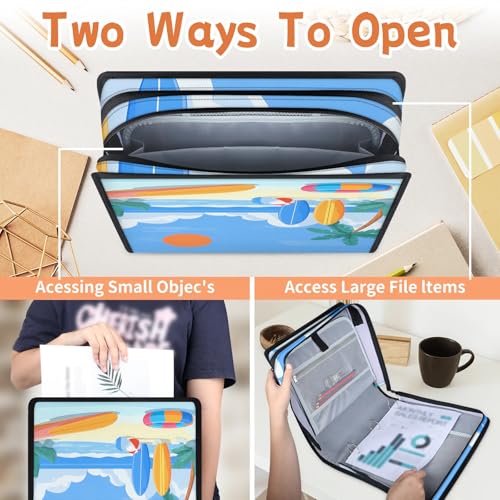 Summer Sea Coastal Zipper Binder, 3 D-Ring Expanding File Folder with Handle & Adjustable Shoulder Strap, 400 Sheets Capacity Multi-Pocket Organizer for 13 Inch Laptop - color: Summer Sea Coastal