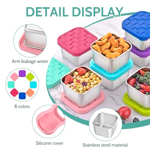 8PC 6oz Stainless Steel Snack Containers with lids, BPA-Free Metal Kids Snack Cups with Fork and Spoon, Leakproof Lunch Box Containers，Resuable Baby Food Storage Bowl - color: Deep Tones