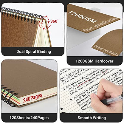 EUSOAR 5 Subject Spiral Notebook, 1pcs A4 11" x8-1/2 College Ruled Writing Pad, 100GSM 120Sheets/ 240Pages of Lined Paper, Thick Hardcover, for Traveling Students, Office and Business, Kraft - color: Kraft, size: A4-1Pack