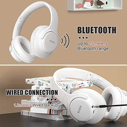 KVIDIO Bluetooth Headphones Over Ear, 65 Hours Playtime Wireless Headphones with Microphone, Foldable Lightweight Headset with Deep Bass, HiFi Stereo Sound Low Latency for Laptop PC Cellphone - color: White