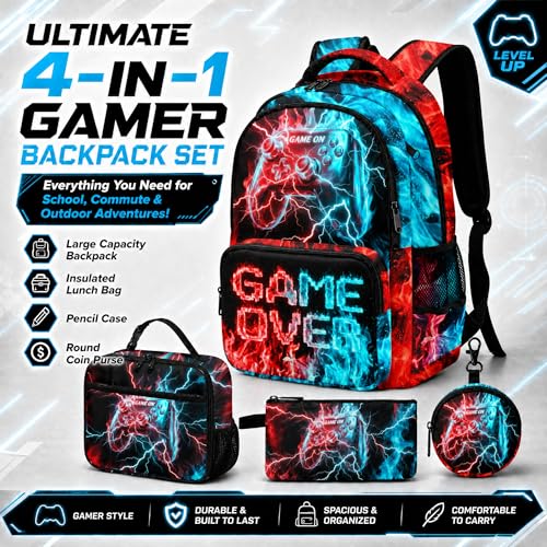 Game Backpack Set for Boys Kids – 17" Large Capacity Gaming School Bag with Lunch Box, Pencil Bag and Coin Purse (Blue&Red) - color: Blue&red-1