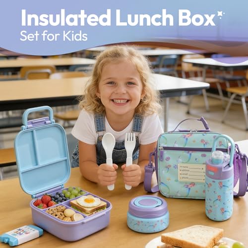 Itslife Bento Box for Kids Set, insulated food container,kids lunch box, 7 oz thermos for hot food, 12 oz thermos water bottle, Reusable Insulated Ice Bag & Fork Spoon Utensils Camping Travel Purple - color: Purple-RY