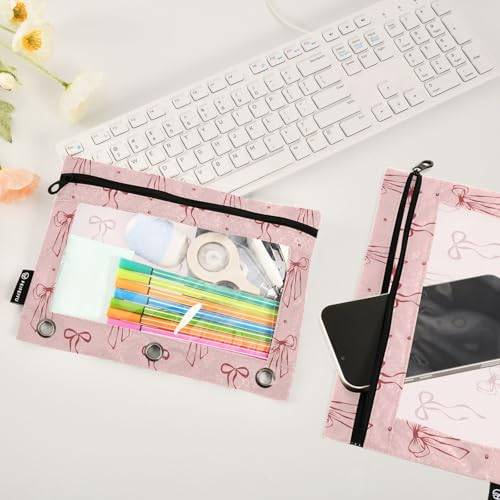 Bow Dots Red Pencil Pouch for 3 Ring Binder 2 Pcs Binder Pouches with Zipper Pocket Pencil Case Bag with Clear Window for Office Work School Supplies - color: Bow Dots Red