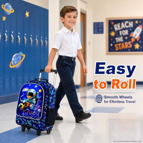 HPJGD 3PCS Astronaut Rolling Backpack for Boys, Kids School Backpacks with Wheels, Water Resistant UV Printed Roller Wheeled Bookbag Set - color: Boys Motorbike Astronauts Rolling Backpack Blue