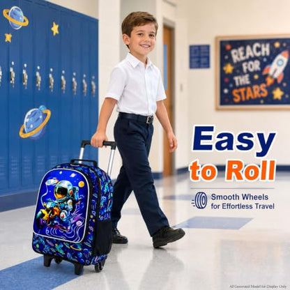 HPJGD 3PCS Astronaut Rolling Backpack for Boys, Kids School Backpacks with Wheels, Water Resistant UV Printed Roller Wheeled Bookbag Set - color: Boys Motorbike Astronauts Rolling Backpack Blue