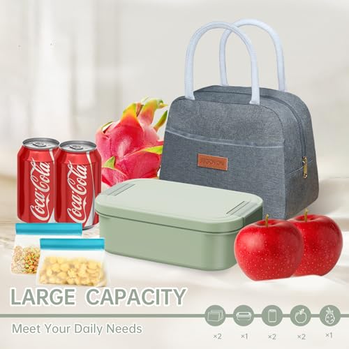 JBGOYON 4-in-1 Bento Box and Insulated Lunch Bag Set, Gray/Green | 6-hour insulation, 7.5 L lunch bag, leakproof 1.9 L container with 2 sauce cups, fork and spoon, 2 snack bags, BPA-fre - color: Light Green