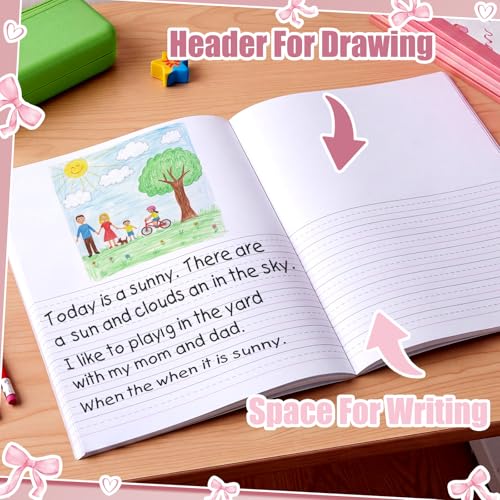 Gueevin 6 Pack Pink Bow Primary Composition Notebook with Picture Space Bulk for Grades K-2 110 Page 8.5 X11'' Half Primary Journal K-2 Drawing Story for Back to School First Day of School - style: Pink Bow